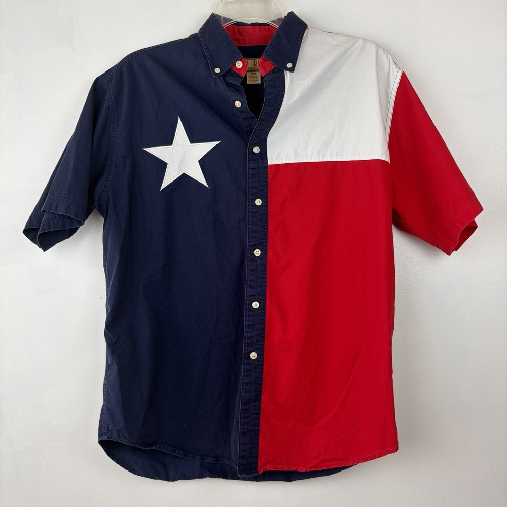 Sun River Button Down Shirt Mens Medium Lone Star Flag Texas Red Blue White